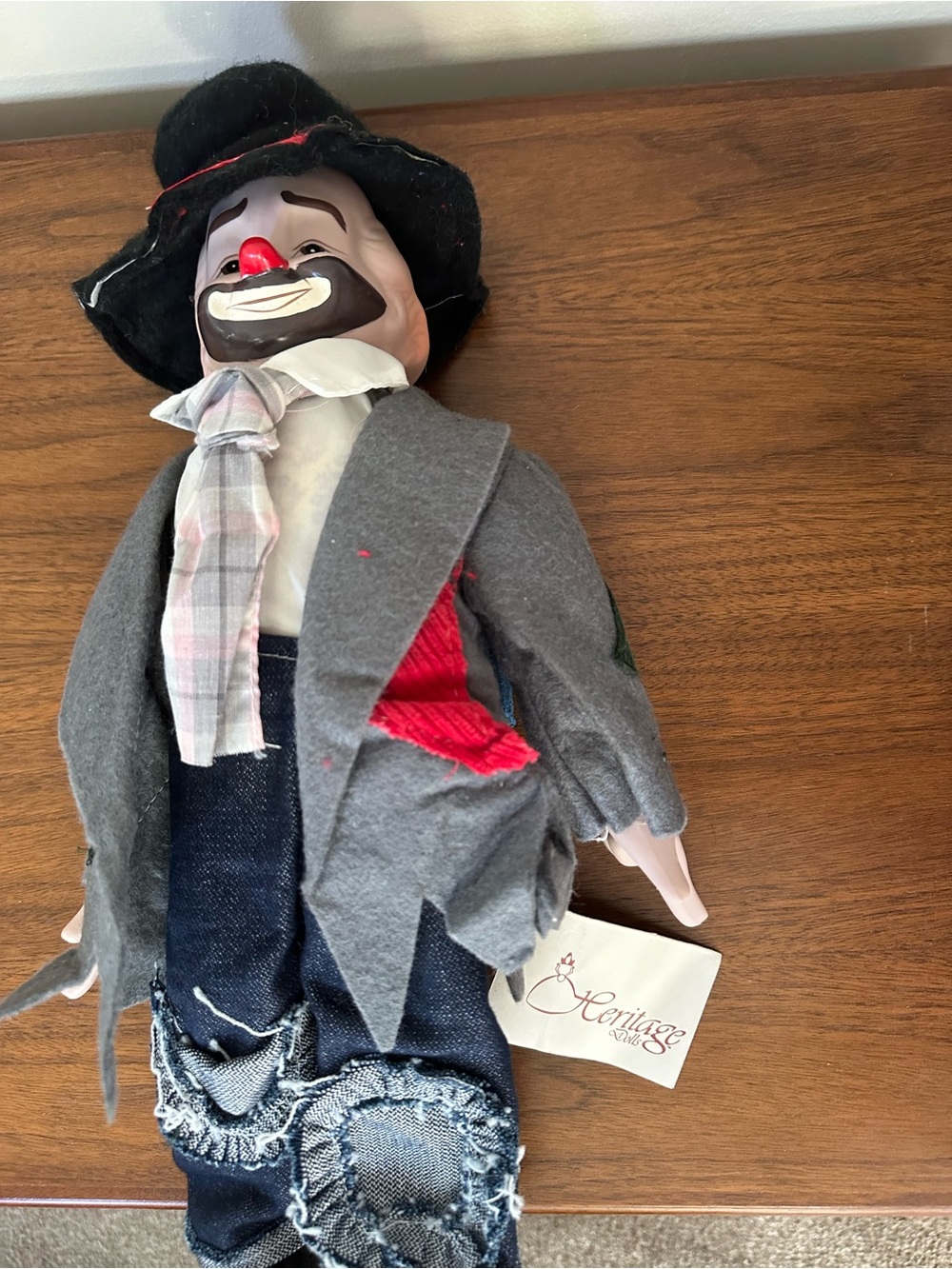 Heritage Clown Doll in Black Hat, Gray Jacket and Red Accents